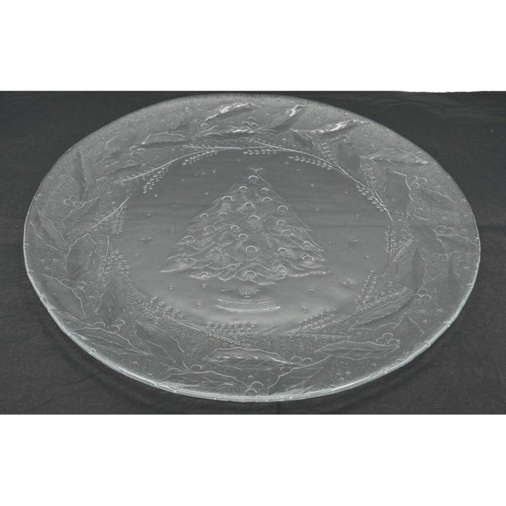 Vintage Arcoroc "Holly Tree" Clear Glass Christmas Platter 12.5" diameter